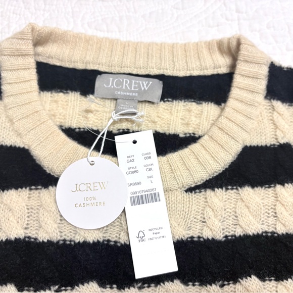 J. Crew cashmere cable-knit crewneck sweater in black and ivory stripe, size L - Picture 3 of 11